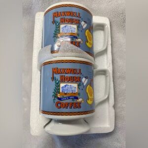 2 General Foods Maxwell House Coffee Cups Colorful Footed Porcelain Mugs 3.25”